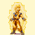 Pixelated character in golden armor with blue accents, surrounded by yellow aura, standing in three distinct poses against light background.