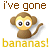 Pixelated monkey icon with large eyes and a banana-themed text overlay reading 'i've gone bananas!' in brown and yellow fonts.