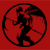 Circular icon with a stylized figure in dynamic pose, arms outstretched and legs bent, set against four distinct background colors: red, white, brownish-gray, black.