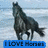 Pixelated image of a dark horse rearing against a light blue background with a blue banner reading 'I LOVE HARRY' at the bottom.