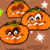 Animated pumpkin faces with varied expressions on a brown background with white and green starbursts.