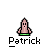 Pixel art contact sheet of an animated AIM buddy icon featuring a pink cartoon character named Patrick with green base, showing speech bubble variations across frames.