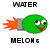 Pixelated green sphere with cartoon eyes and mouth, attached to gray rocket body emitting orange flames beneath text 'WATER' above and 'MELON' below.
