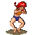 Pixel art animation of a character with red hair and blue bikini bottoms in two sequential frames showing slight pose changes.