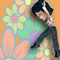 Animated sequence of a cartoon character in various poses against a floral background with orange, green, blue, and purple flowers.