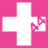 A 48x48 pixel animated contact sheet showing two frames of a pink and white cross icon with visible pixelation, transparency artifacts, and date text in the second frame.