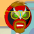 Pixelated circular icon shows a character with red helmet, yellow goggles, green eyes, brown beard, and open mouth against orange-blue background.