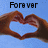 Two hands form a heart shape against a blue sky background with text reading 'Forever', 'and', and 'Always' in black pixelated font.