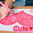 A pink cartoon character with a large bow and skirt, holding a heart-shaped object, displayed in two animation frames.