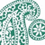 Pixelated green and white icon with abstract shapes resembling a stylized figure holding an object, set against a plain background.