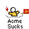 Animated contact sheet showing 20 frames of a pixel art buddy icon with yellow stick figure, red 'ACME' banner, and 'Acme Sucks' text across multiple states including motion trails, explosion effects, and transparency fading.