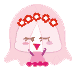 Pixelated doll avatar with pink hair, red flower crown, and pink dress showing two expressions: closed eyes with tears and wide open eyes with tears.