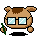 Pixelated cartoon character with brown fur, dark brown patches on head and ears, light blue square glasses, green leaf in right hand, black shadow beneath.