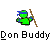 Pixelated green character with blue headband holding brown staff, below white text reading 'Don Buddy' on gray background.