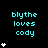 Cyan text 'blythe loves cody' on black background with white heart symbols varying in quantity per