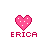 Two pixelated pink hearts with white dots above the text ERICA on a gray background, one heart animated to change dot positions.