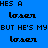 Blue background with repeated text 'HE'S A loser BUT HE'S MY' in black and pink pixelated font, where 'loser' alternates between black and pink
