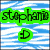 Green text 'stephanie' on blue wave background with green 'D' symbol, heart and peace signs over splattered colors, partial face image with green text.