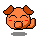 Pixelated orange cat-like avatar with brown ears and tail, closed eyes, red cheeks, and a small mouth, shown in two with slight pose adjustments