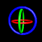 25 circular frames showing a rotating 3D object with intersecting red and green rings inside a blue outer ring on a black background