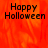 A static image with 'Happy Halloween' text over a fiery orange-red background, partially cropped on the right side.