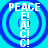 Four identical circular icons with blue concentric rings on a cyan background, each displaying vertical text reading PEACE E! A! C! C!