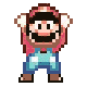 Pixelated character with brown hair, pink headband, black mustache, blue overalls, and white gloves in four distinct poses against gray background.