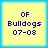 Four identical pixelated yellow squares with blue borders display "OF Bulldogs 07-08" text in blue block letters.