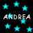 Black background with scattered cyan stars and repeated white text 'ANDREA' in pixelated font.