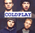 Static pixelated icon featuring four human faces arranged in a 2x2 grid with a central blue text banner reading "COLDPLAY" on white background, all set against dark gray backdrop.
