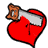 Four animated frames of a red heart-shaped icon with a saw cutting through it, each frame showing slight variations in the heart's shape and the saw's position.