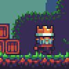 Pixel art of a character wearing an orange crown and blue-green outfit standing on green grass with brown blocks in the background.