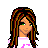 Pixel art contact sheet showing three frames of an animated buddy icon featuring a cartoon character with long brown hair, green eyes, and pink clothing elements against a white background.