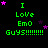 Green text 'I Love EmO Guys!!!!!!!!' on black background with pink and purple stars, stars move across frame.