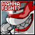 Red and white cartoon character with open mouth and visible teeth, standing on rocky terrain, with 'WANNA FIGHT?' text above.