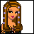 Animated contact sheet of a pixel-art character with long brown hair, showing facial expressions, body movements, and text elements across 25 sampled frames.