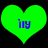 Two bright green heart shapes with blue text 'iuy' centered on a black background, displayed side-by-side.