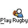 Animated contact sheet of 13 frames showing rugby-themed pixel art characters in various poses with text "Play Rugby" below each frame.