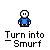 Pixelated blue Smurf character transitions through multiple poses with arms raised, head turned left to right, and mouth expressions changing from closed to smiling.