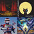 A pixelated static image divided into four quadrants showing abstract and stylized scenes with distinct color palettes and shapes.