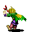 Pixelated character with blonde hair, green cape, purple shorts, and brown shoes holding a red crescent-shaped object against gray background.