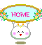 Four animated frames of a pixel art buddy icon featuring a white character with pink cheeks and a light blue oval sign reading "HOME" surrounded by floral decorations, displayed in a 2x2 contact sheet on gray background.