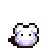 Pixelated bunny head with white and light purple coloring, black eyes, small nose, and rounded ears on gray background.