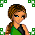 Pixel art image of a woman with brown braided hair wearing a green and black dress, with green text reading 'happy saint patricks day!' on a white background with green patterned borders.