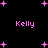Black background with pink pixelated text 'Kelly' repeated four times and scattered pink plus signs.