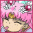 Pixelated anime-style icon with pink background, floating gem-like objects, and a character with closed eyes and golden hair.