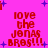 Pixelated red text on bright pink background with blue plus signs, repeating 'love the JONAS BROS!!!' in four identical sections.