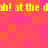 Yellow pixelated text 'ah! at the dah! at the' repeats across a pink and orange checkered background in a static image.