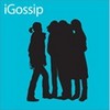 Blue background with white text 'iGossip' at top left, three dark silhouettes standing together, one walking away from the group.