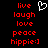 Red pixelated text on black background with white heart symbol above 'live' in two identical vertical